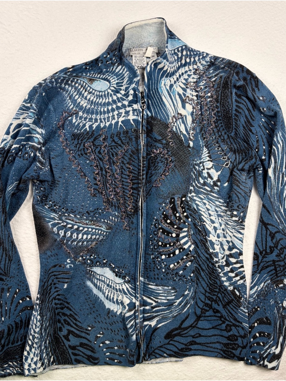 Alberto Makali Blue & White Abstract Zip-Front Bomber Jacket